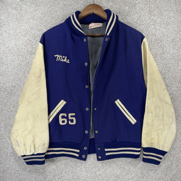 VTG 60s Varsity Jacket Men's 42 Blue Eagles Mike 65 Leather Wool Thrashed